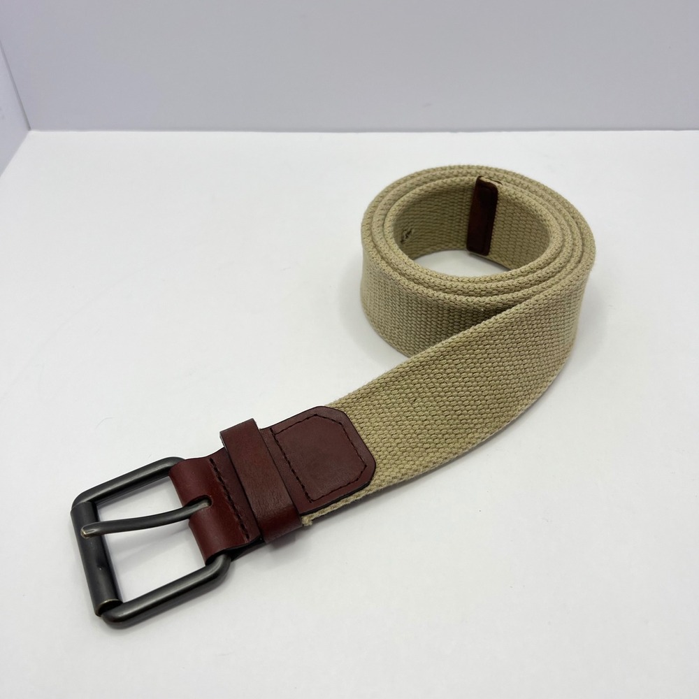Vintage Tan Webbed Cotton Belt Mens 36 Leather Trim Surcingle Nautical Preppy